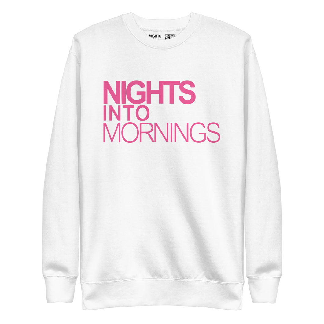 NIGHTS INTO MORNINGS WHITE SWEATSHIRT, PINK LOGO